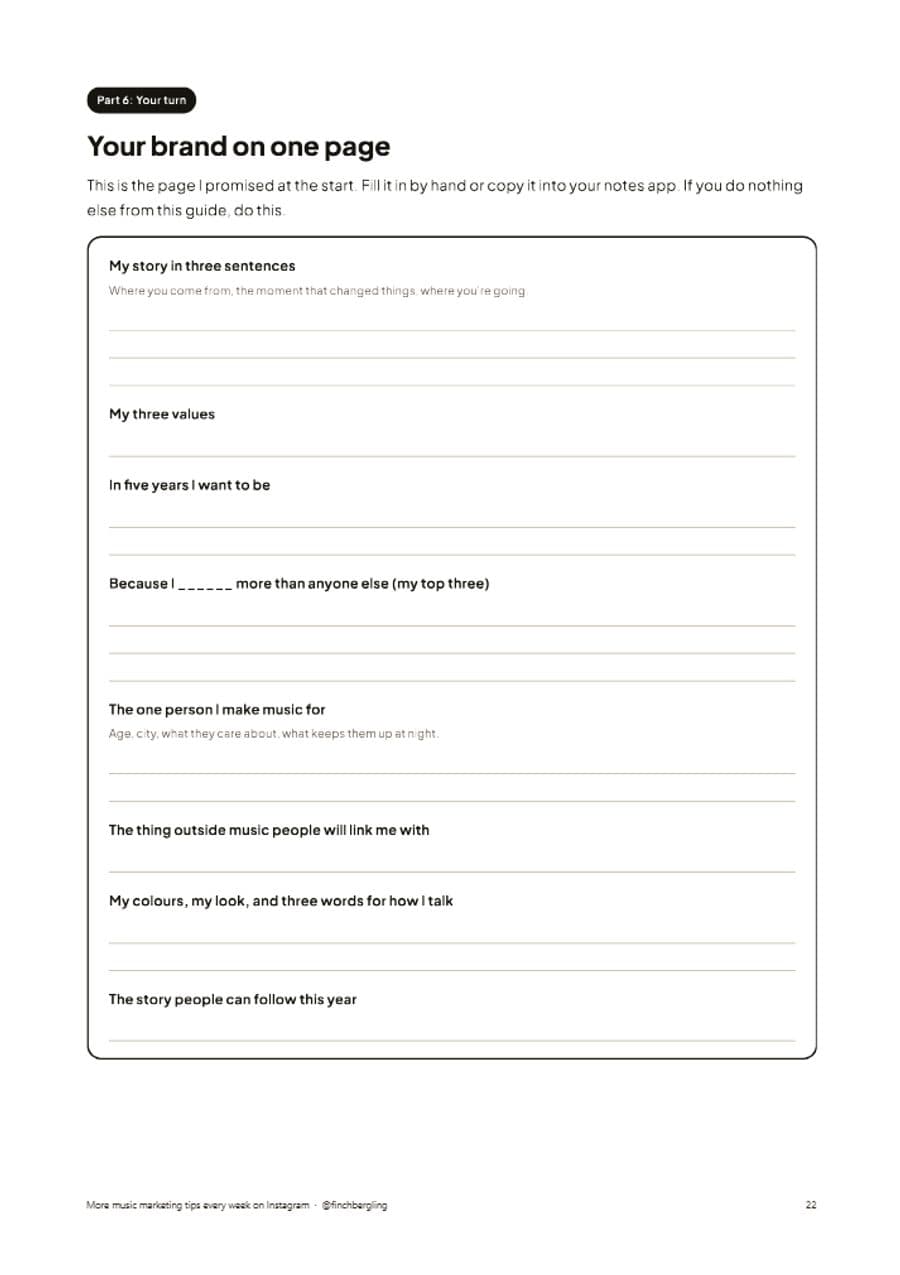 The one-page brand worksheet from the guide
