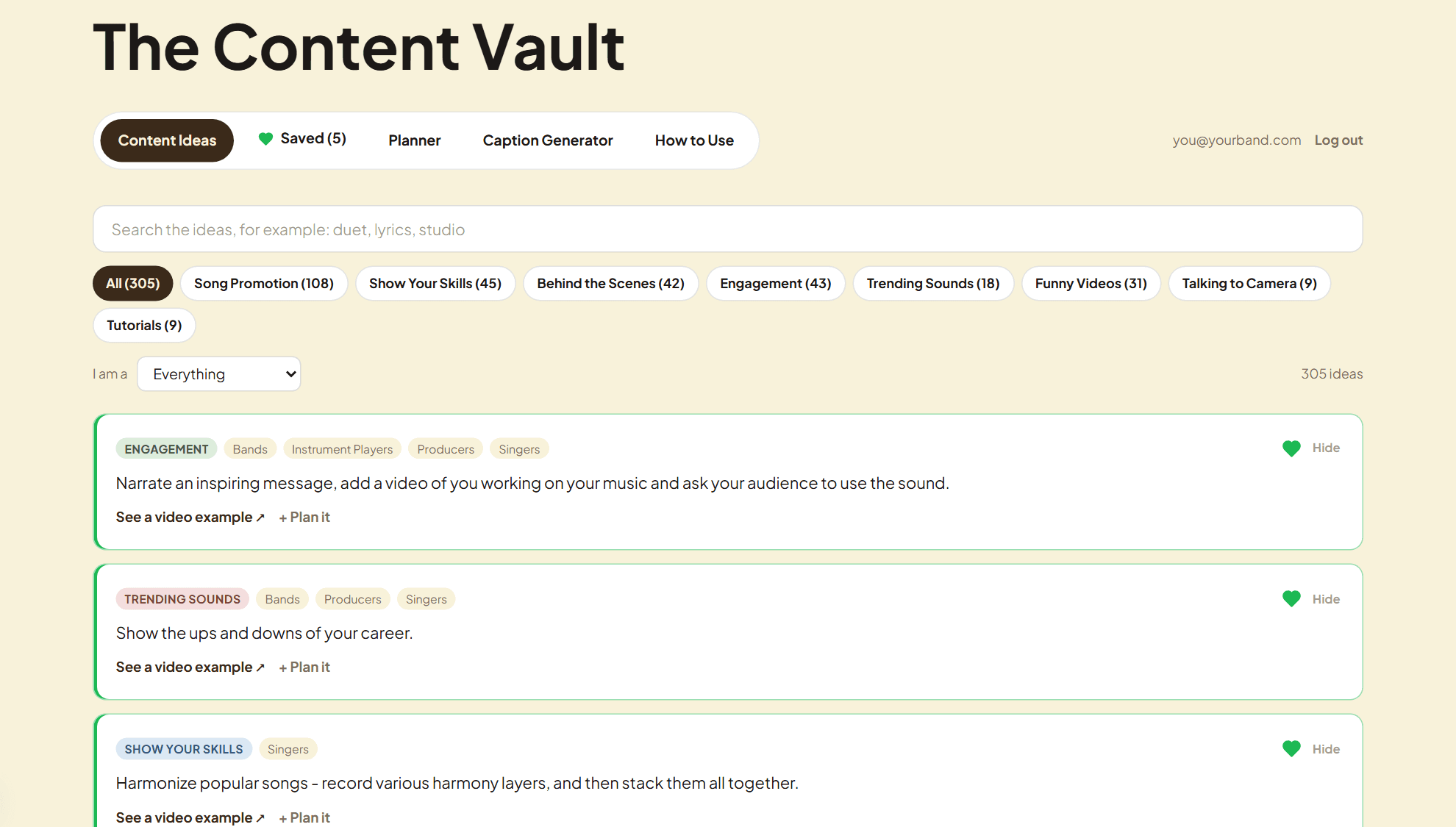 The Content Vault ideas browser with category filters and content ideas