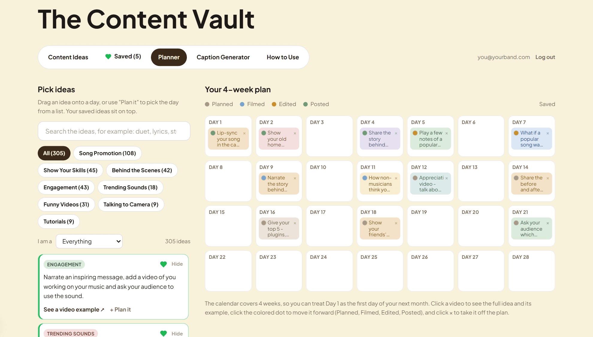 The Content Vault planner with ideas dragged onto a 4-week calendar
