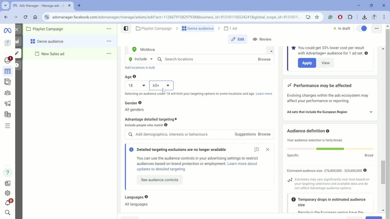 Meta Ads Manager showing the audience settings of a playlist campaign