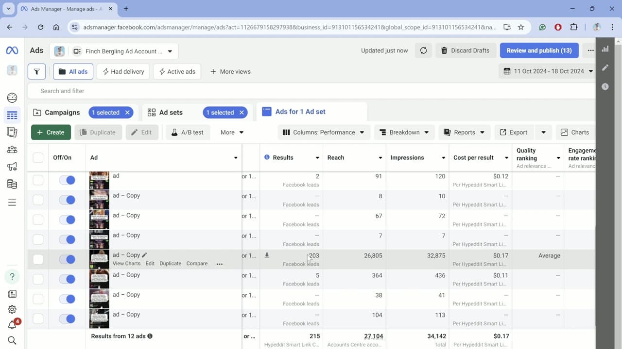 Meta Ads Manager results table showing cost per result of seventeen cents